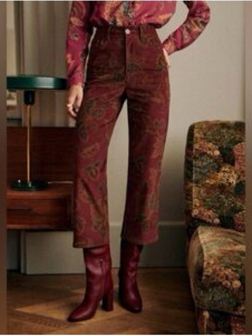 Sezane Burgundy Paisley Cropped Pants